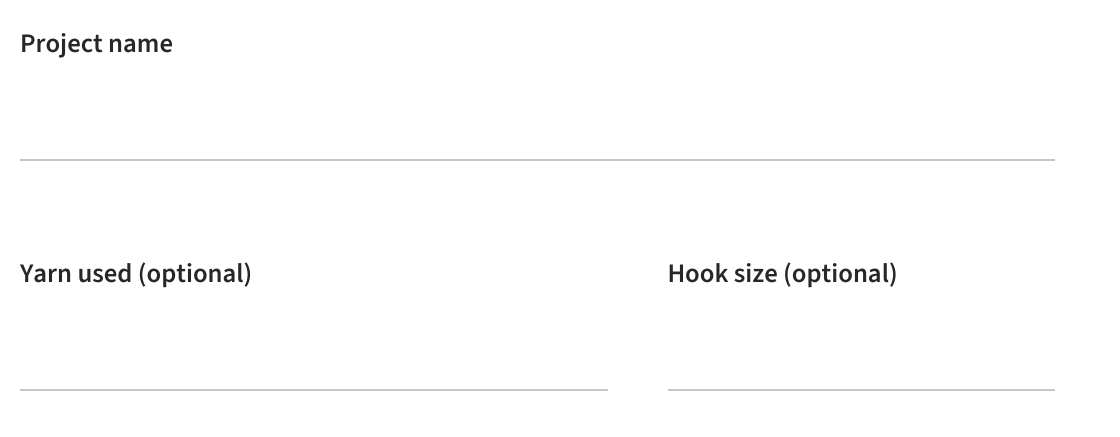 Actual blank project page detail with Project name, Yarn used (optional), and Hook size (optional) fields.